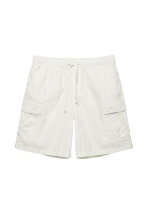 Hvide afslappede shorts med elastisk linning, snøre og klaplommer på begge sider.