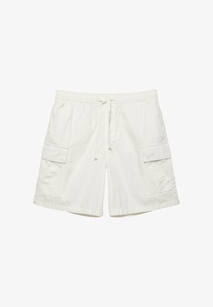 White casual shorts with elastic waistband, drawstring, and flap pockets on both sides.