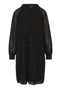 Robe noire plissée avec de longues manches transparentes, un détail de col à nouer et des poignets élastiques. Texture lisse avec un design fluide.