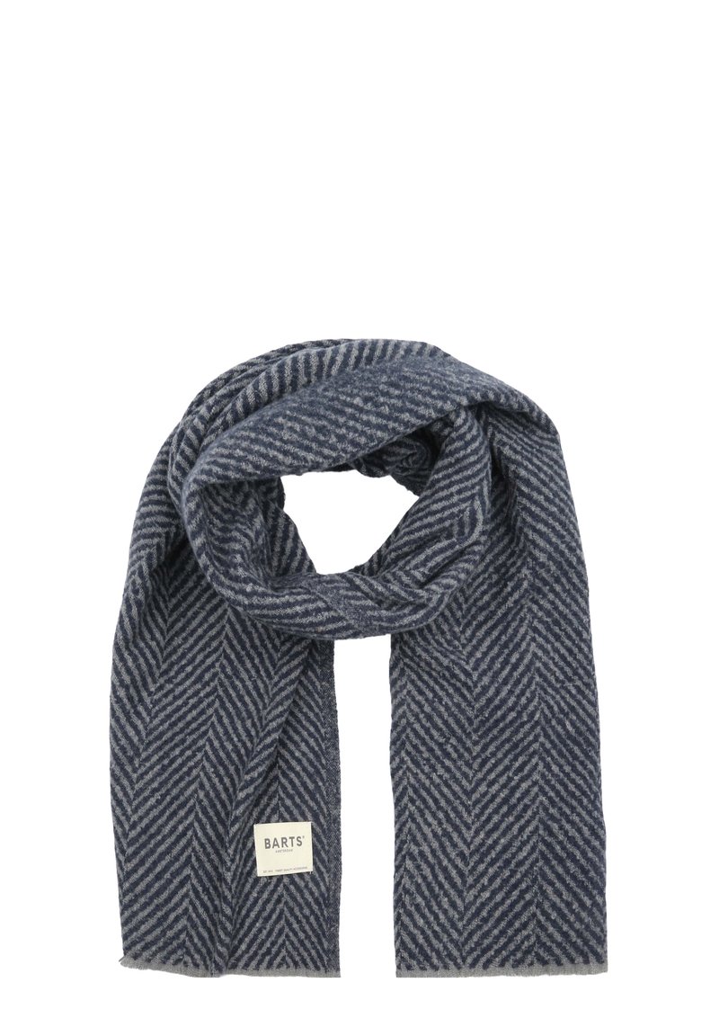 Gebreide sjaal in donkerblauw met een visgraatpatroon, voorzien van een zachte textuur en een klein gelabeld etiket aan de onderkant.