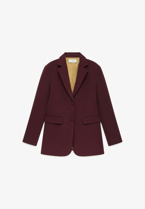 Blazer bordeaux foncé à simple boutonnage avec revers crantés, deux boutons, poches à rabat et doublure intérieure beige, posé à plat sur fond blanc.