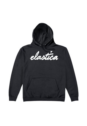 Czarna bluza z kapturem z przednią kieszenią kangurką, sznurkiem w kapturze oraz wyraźnym białym napisem "elastica" na klatce piersiowej. Materiał bawełniany, luźny krój.