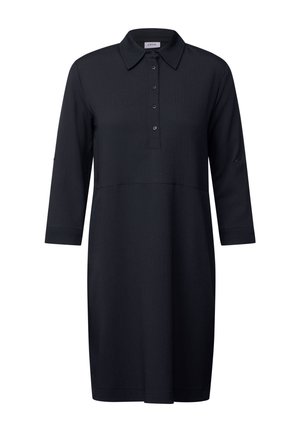 Schwarzes Kleid mit Kragen, Knopfleiste, Dreiviertelärmeln und strukturiertem Stoff. Einfaches, geradliniges Design.