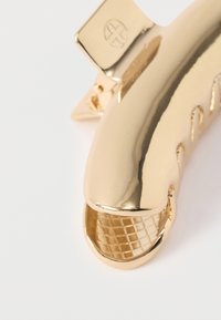 Χρυσό μεταλλικό κλιπ μαλλιών με ομαλή, ανακλαστική επιφάνεια, που διαθέτει εσωτερική επιφάνεια με μοτίβο πλέγματος και ξεχωριστή λεπτομέρεια λογοτύπου στο κούμπωμα.