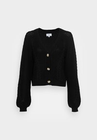 Svart kort cardigan med V-ringning, kabelstickad textur, långa ärmar och tre framträdande knappar i guldton längs framsidan.