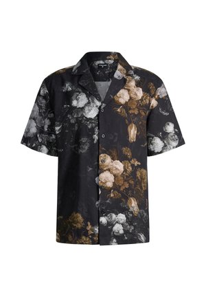 Zwart overhemd met korte mouwen en knoopsluiting, voorzien van een kraag en een bloemenpatroon in beige- en grijstinten over de stof.