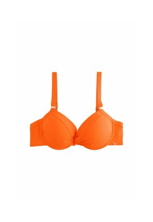 Oranje gewatteerde beha met verstelbare bandjes, knoopdetail in het midden en zijsteunpaneel voor een verbeterde vorm en pasvorm.