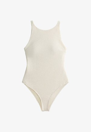 Enodelne kopalke v svetlo kremni barvi z rahlo izbočenim vzorcem, širokimi naramnicami in okroglim izrezom. Klasičen, oprijet kroj.