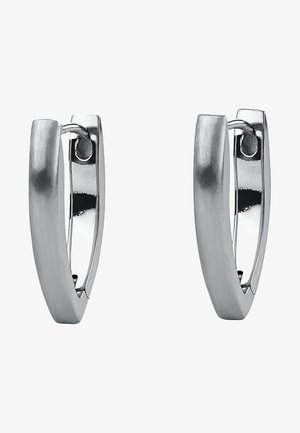 Zilveren ringoorbellen met een slanke, gepolijste afwerking en een geborstelde textuur aan één kant. Gebogen vorm met een veilig sluitmechanisme.