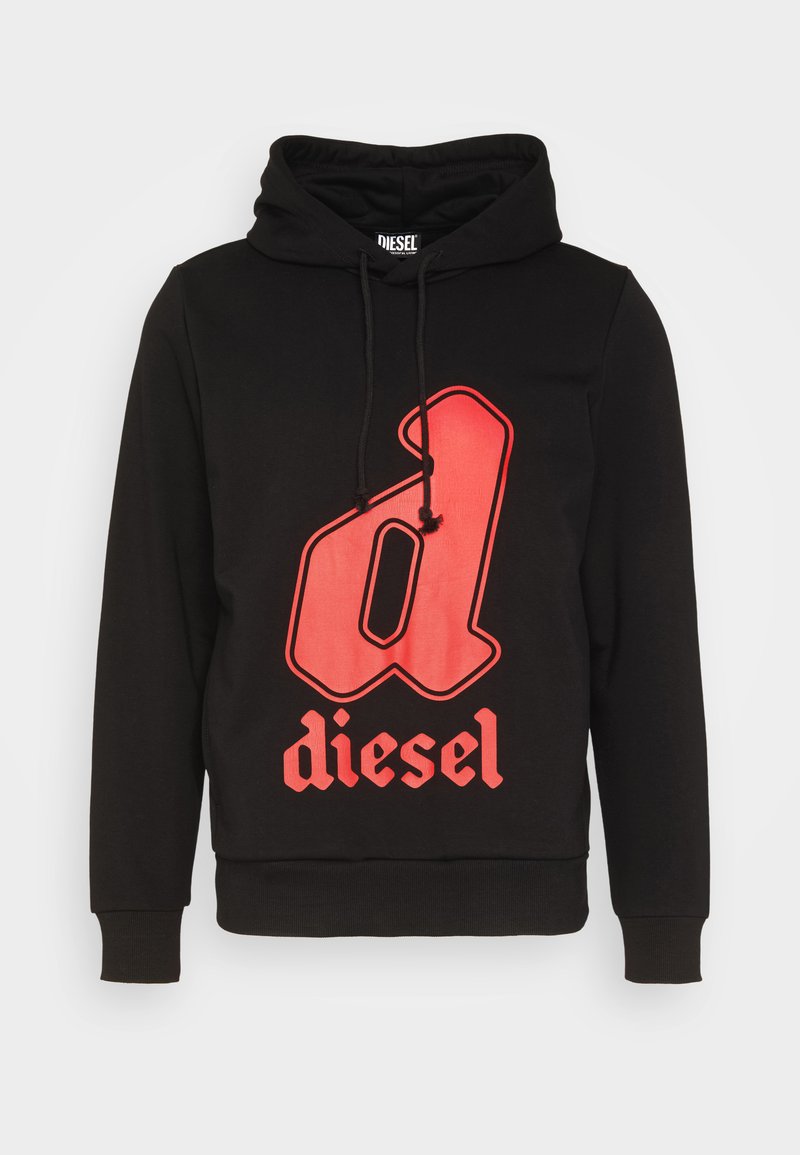 Czarna bluza z kapturem ze sznurkiem, z dużym czerwono-czarnym obrysowanym logo "d" oraz napisem "diesel" w wyraźnym kroju na froncie.