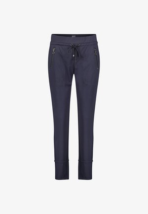 Marineblaue Hose aus glattem Stoff, mit zwei Reißverschlusstaschen, einem Kordelzugbund und schmal zulaufenden Beinen mit gerippten Säumen.