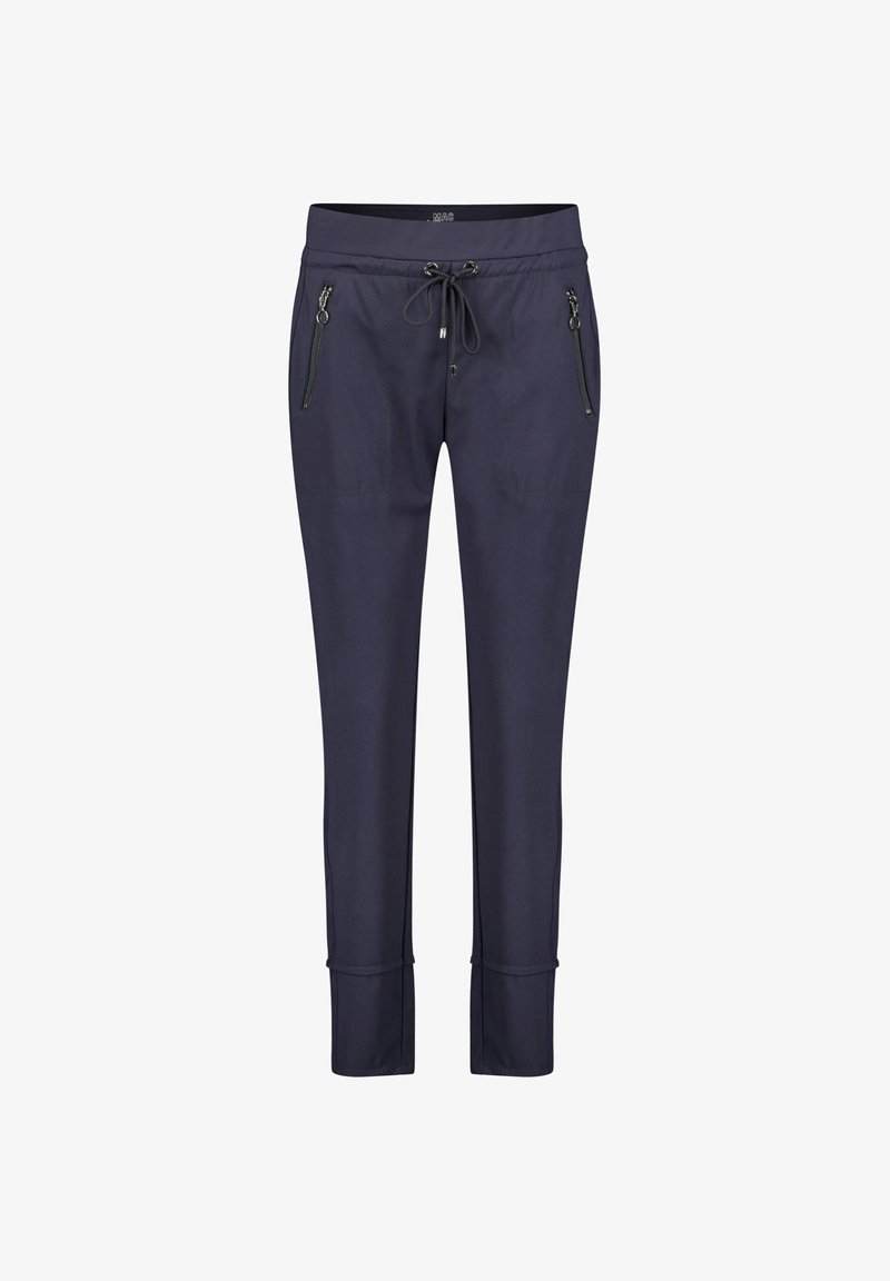 Marinblå byxor i slät tyg, med två fickor med dragkedja, resårband i midjan och avsmalnande ben med manschetter.