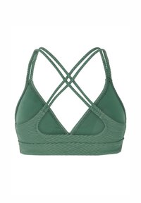 Žalias bralette su tekstūriniu zigzago raštu, turi kryžminius dirželius ir lygų audinį. Sportinio dizaino, minimalistinio stiliaus.