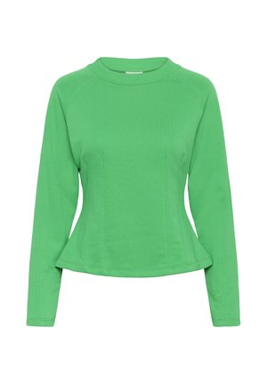 Zelený top s dlouhými rukávy, kulatým výstřihem, pás vypracovaný doštíhlý a se švovými detaily, vyrobený z měkké látky.