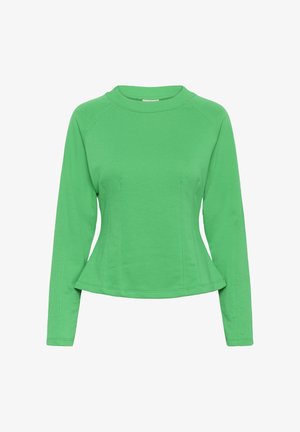 Langarm groen shirt met ronde hals, getailleerde taille en naaddetails, gemaakt van een zachte stof.