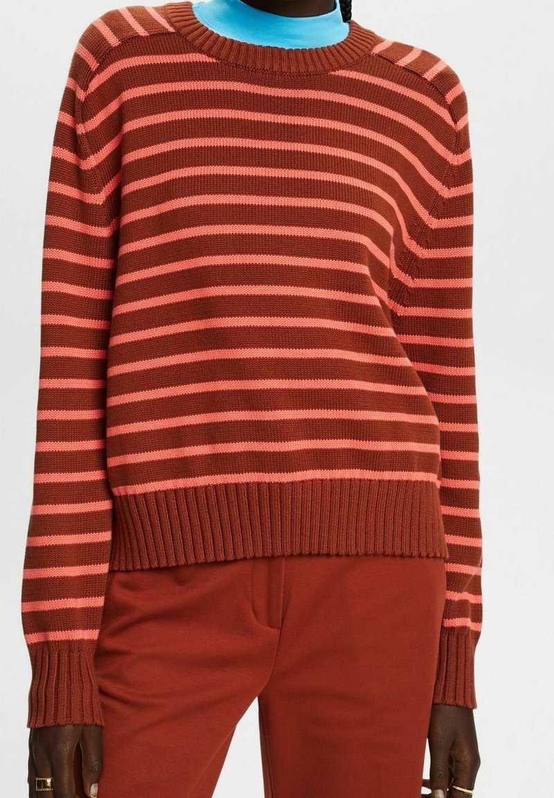 Personne portant un pull à rayures horizontales marron et rose par-dessus un col roulé bleu, associé à un pantalon couleur rouille.