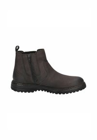 Botas de tobillo de piel marrón con cremallera lateral, suela rugged y detalles de costura. Presentan una lengüeta para facilitar el calzado.