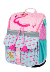 Rosa Rucksack mit einem Plüsch-Flamingo-Design, weicher Textur und glitzernder Krone. Verfügt über einen türkisfarbenen Grundton mit pinkem Flamingo-Muster und pinken Akzenten.