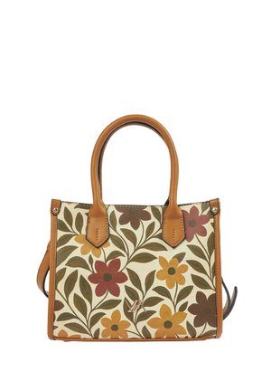 Handbag with tan leather handles and trim, featuring a floral pattern with brown, mustard, and red flowers and green leaves on a cream background.