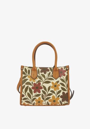Borsa con manici e rifiniture in pelle marrone chiaro, caratterizzata da un motivo floreale con fiori marroni, senape e rossi e foglie verdi su sfondo crema.