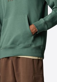 Grüne Baumwollkapuzenjacke mit Kängurutasche, gerippten Bündchen und Saum, über einem beigen Shirt und braunen Sweatpants mit Cargo-Taschen getragen.