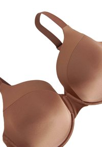 Brown padded underwire bra with smooth, glossy fabric, adjustable straps, and seamless design. Focus on comfort and support.