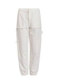 Pantalon cargo écru avec ourlets élastiqués, poches plaquées à l’avant, une poche latérale, et une fermeture par bouton et zip à la taille.