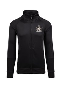 Zwarte ritsjack gemaakt van glad, rekbaar materiaal. Heeft een hoge kraag, geribbelde manchetten en een bedrukte logo op de borst.