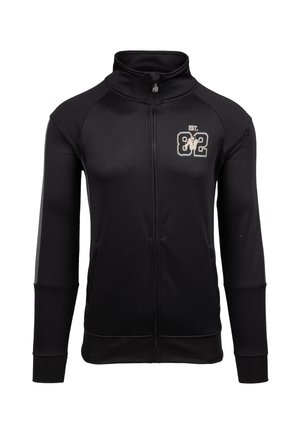 Schwarze Zip-Jacke aus glattem, dehnbarem Material. Verfügt über einen hohen Kragen, gerippte Bündchen und ein bedrucktes Logo auf der Brust.