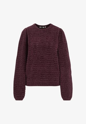 Suéter burdeos de punto con una textura ondulada, puños y dobladillo acanalados, y un cuello redondo. Mangas largas con un diseño ligeramente abullonado.