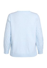 Hellsblaues Sweatshirt mit glatter Textur, geripptem Saum und Bündchen, das auf den Ärmeln Kabelstrickmuster zeigt. Rückansicht dargestellt.