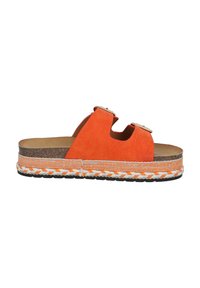 Orange ruskinds slide sandal med to spænder, hævet korksål og flettet jute-detalje. Tekstureret og flad gummisål.
