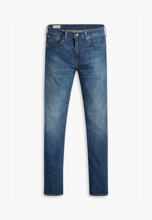 Herren Slim-Fit Jeans aus blauem Denim mit klassischem Fünf-Taschen-Design, Knopfverschluss und dezentem used-Look an Schenkeln und Knien.