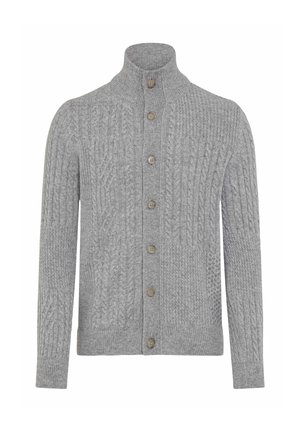 Grau gestrickte Strickjacke mit hohem Kragen, mit Zopfmuster, Vorderseite mit Knopfverschluss und fünf braunen Knöpfen sowie gerippten Bündchen.
