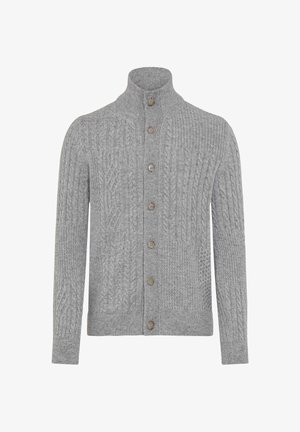 Grau gestrickte Strickjacke mit hohem Kragen, mit Zopfmuster, Vorderseite mit Knopfverschluss und fünf braunen Knöpfen sowie gerippten Bündchen.