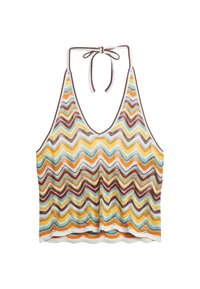 Gehaakte crop top met een meerkleurig zigzagpatroon in tinten bruin, oranje, geel en blauw, met een halternekstrik en open geweven textuur.