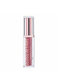 Bottiglia di lucidalabbra rettangolare trasparente con una sfumatura di rosa chiaro. Cappuccio in cromo argento e dettagli in oro rosa. L'etichetta recita "GLOSS AFFAIR" in modo ben visibile.