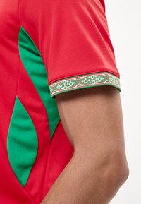 Κόκκινο αθλητικό μπλουζάκι με κοντά μανίκια, πράσινες πλαϊνές επενδύσεις και σχέδιο σε κόκκινη, πράσινη και λευκή επένδυση στην άκρη του μανικιού.