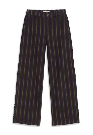 Pantalon noir à jambes larges avec des rayures verticales marron et une fermeture à boutons à l'avant, présenté sur un fond blanc.