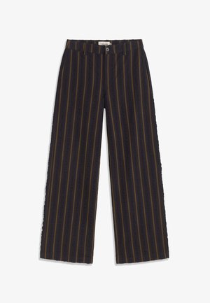 Pantalon noir à jambes larges avec des rayures verticales marron et une fermeture à boutons à l'avant, présenté sur un fond blanc.