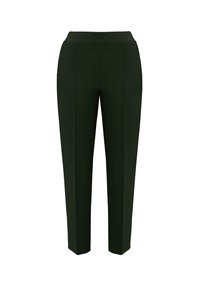 Pantaloni alti in verde scuro con un design aderente, dotati di pince frontali e una superficie liscia e elastica. Fit sartoriale e gamba affusolata.