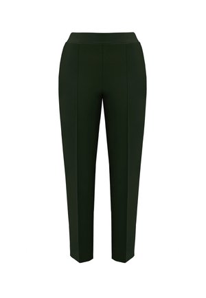 Dunkelgrüne, hoch geschnittene Hosen mit einem taillierten Design, ausgestattet mit Vorderfalten und einer glatten, elastischen Textur. Maßgeschneiderte, schmal zulaufende Beinform.