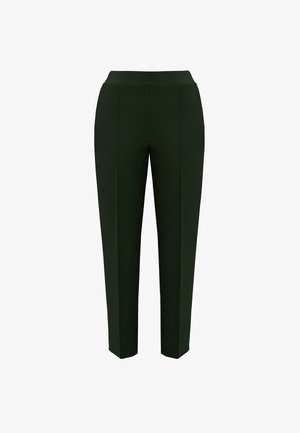 Tumši zaļas, augsto vidukli pielāgotas bikses ar pieguļošu dizainu, kas izceļas ar priekšējiem krokām un gludu, elastīgu tekstūru. Pielāgota, sašaurināta kāja.