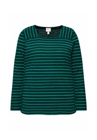 Grünes Langarmshirt mit horizontalen türkisfarbenen Streifen, weitem quadratischen Ausschnitt und weicher Textur für einen lässigen Sitz.