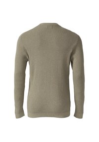 Beżowy sweter dziany z teksturowanym wzorem, okrągłym dekoltem i długimi rękawami. Widok z tyłu ukazuje dopasowany krój oraz ściągacze przy mankietach i hemie.