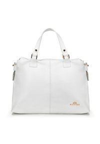 Weiße Lederhandtasche mit strukturiertem Finish, doppelten oberen Griffen, goldfarbigen Hardware-Akzenten und einem Logo-Detail auf der Vorderseite.