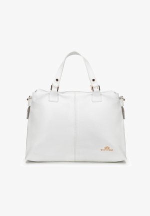 Biała skórzana torebka z teksturowanym wykończeniem, podwójnymi uchwytami u góry, akcentami w złotym kolorze oraz detalem z logo na przodzie.