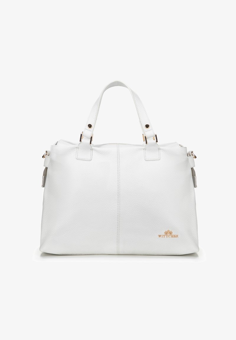 Witte leren handtas met een textuurafwerking, dubbele bovenhandvaten, accenten van goudkleurig hardware en een logo detail aan de voorkant.