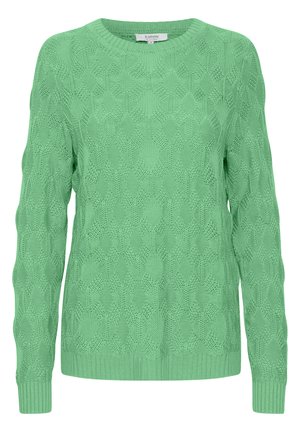 Jasnozielony sweter dzianinowy z teksturowanym wzorem w diamenty, okrągłym dekoltem oraz ściągaczami przy rękawach i dolnym obszyciu. Wykonany z miękkiego, oddychającego materiału.