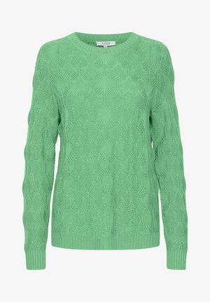 Jasnozielony sweter dzianinowy z teksturowanym wzorem w diamenty, okrągłym dekoltem oraz ściągaczami przy rękawach i dolnym obszyciu. Wykonany z miękkiego, oddychającego materiału.